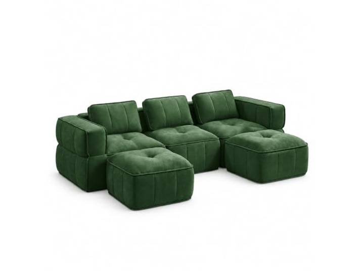 Jastoery 3-Sitzer U-förmiges Modulsofa mit 2 Hockern, ohne Gestell,Grün Polyestergewebe, 32D-Hochdichteschaumstoff, rutschfeste Standfüße, inkl. 2 Hocker, modulares System, ohne Gestell, Wohnzimmer