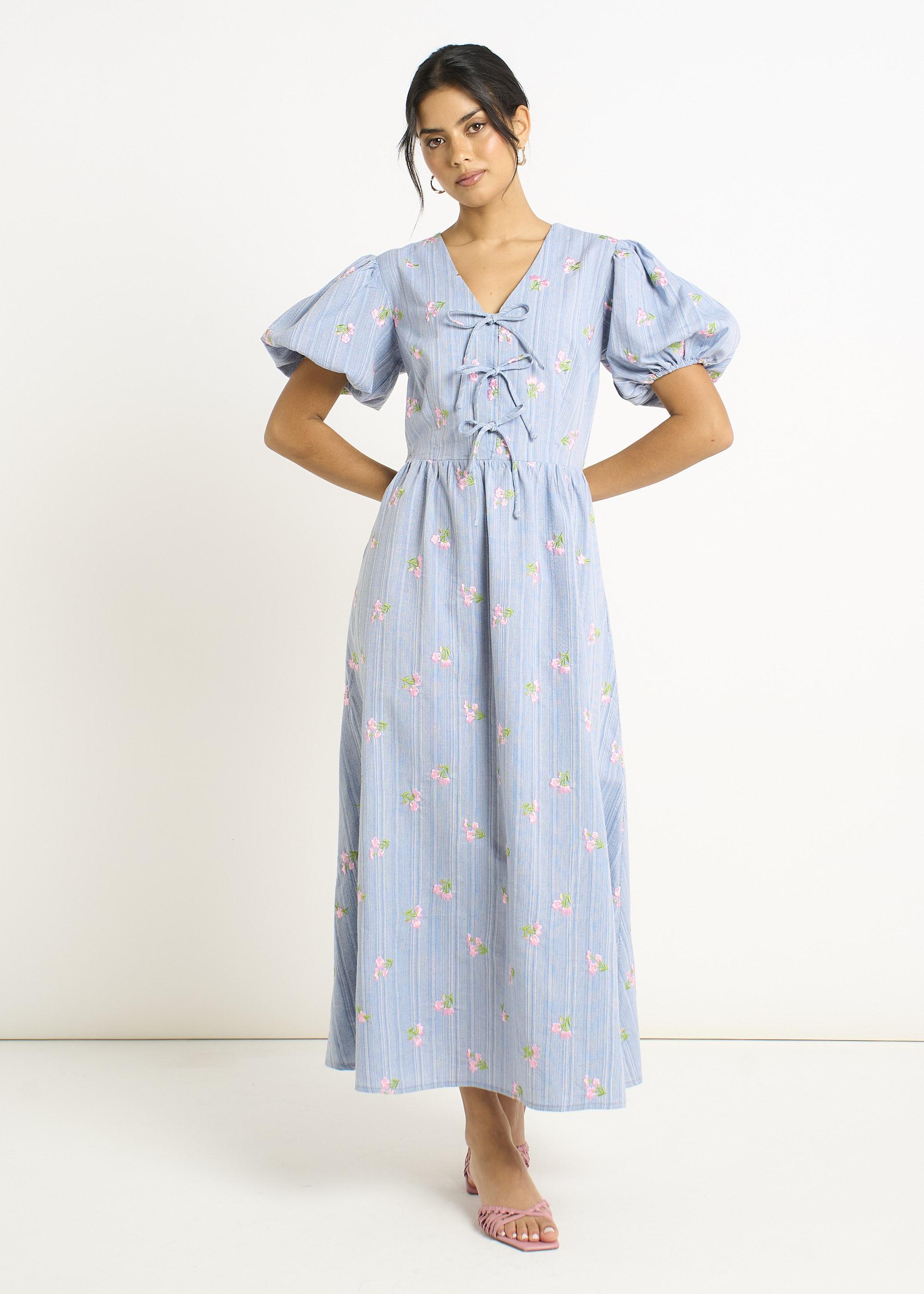 Blaues Baumwollmix-Krawattenkleid mit Puffärmeln