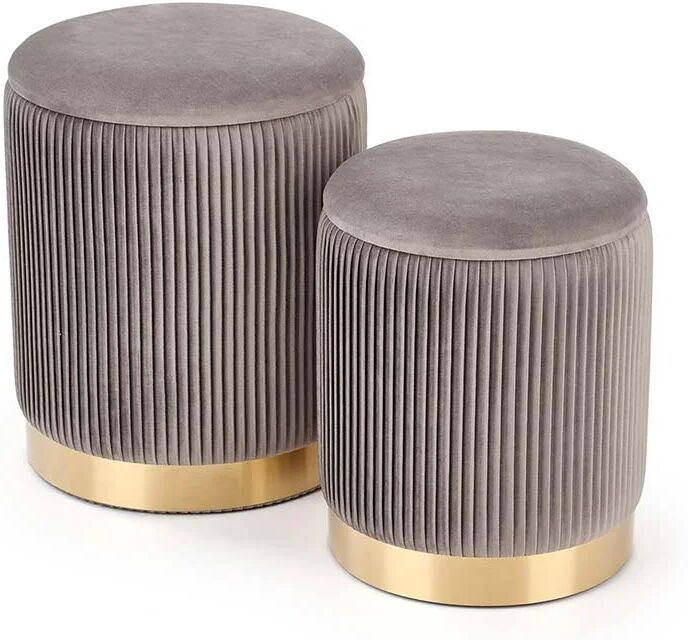 garneroarredamenti Set 2 pouf rotondi contenitore in velluto acciaio cromato oro Cubal