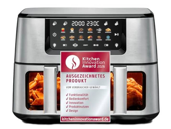 ROMMELSBACHER Doppel Heißluft Fritteuse FRH 2650, 2 Körbe à 5,5 Liter, 40 bis 230 °C, 12 Programme, Sichtfenster, Innenraumbeleuchtung, Match-und Sync-Funktion, gleichmäßige Wärmeverteilung