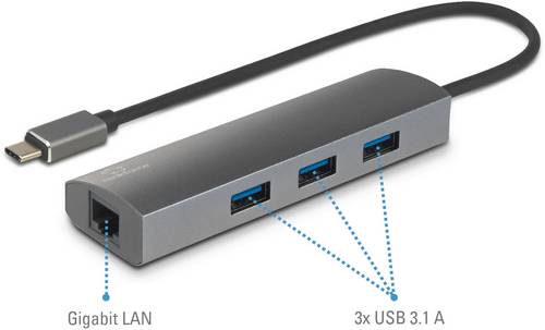 Renkforce Netzwerkadapter/Hub 1 GBit/s USB-C (USB 3.2 Gen 1), Gigabit-LAN (1 Gbit/s), USB-A (USB 3.2 Gen 1)