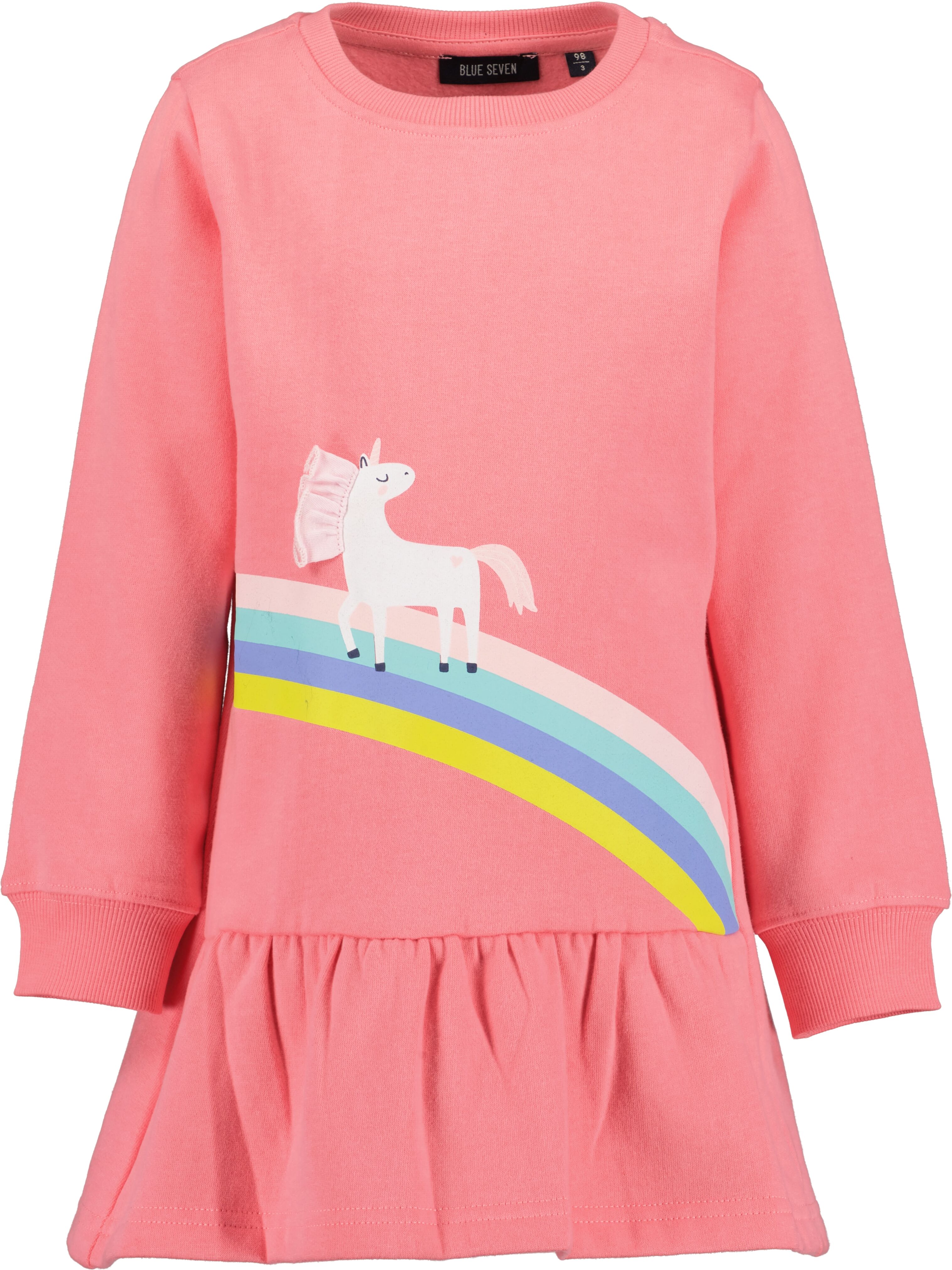Sweatkleid BLUE SEVEN, Mädchen, Gr. 98, N-Gr, Langarm, angeraute Sweatware, rosa (lachs), angeraute Sweatware, Obermaterial: 100% Baumwolle, bedruckt, regular fit knieumspielend, Rundhals, Rippbündchen, Kleider Sweatkleid, in unterschiedlichen Passformen