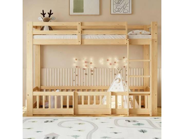 Lit Superposé Enfant 90x200 Scandinave Bois Naturel avec Barrière de Sécurité et Porte Lit Enfant Mezzanine avec Espace Rangement