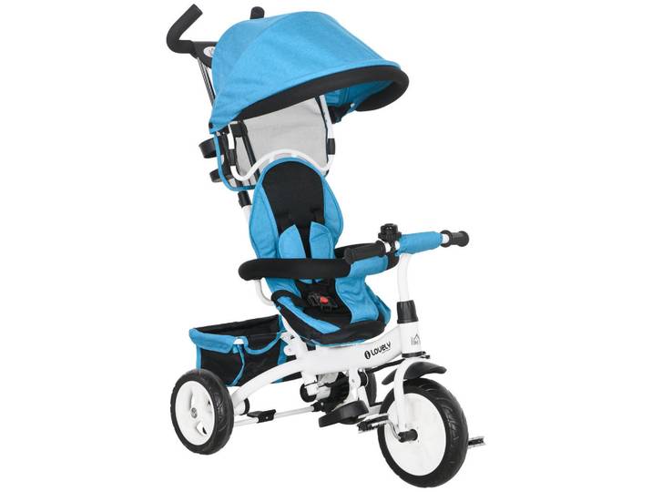 Homcom 6-In-1 Dreirad mit Schubstange, Kinderdreirad mit abnehmbarem Sonnendach Blau, Metall, 50x106x95 cm, unisex, Spielzeug, Kinderfahrzeuge