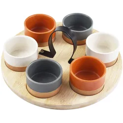 Servierplatte mit 6 Dipgläsern - Für Snacks, Dips, Fingerfood - Ideal für Apéro, Partys, Buffets - Rundes Bambustablett - 6 bunte Schälchen