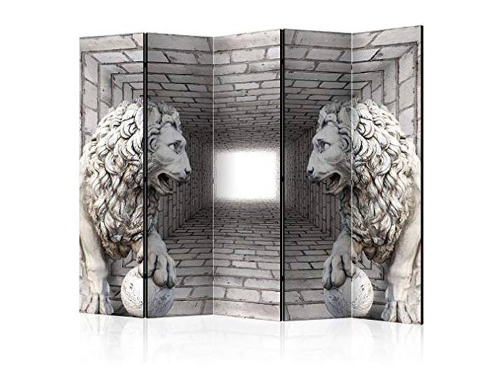 decomonkey Paravent Raumteiler Innen Ziegel Löwe, 225x172 cm, 5-teilig Beidseitig, Skulptur, Wohnzimmer, Room Divider, Wall, Raumteiler Stehend, Trennwand, Sichtschutz, Spanische Wand, Holz
