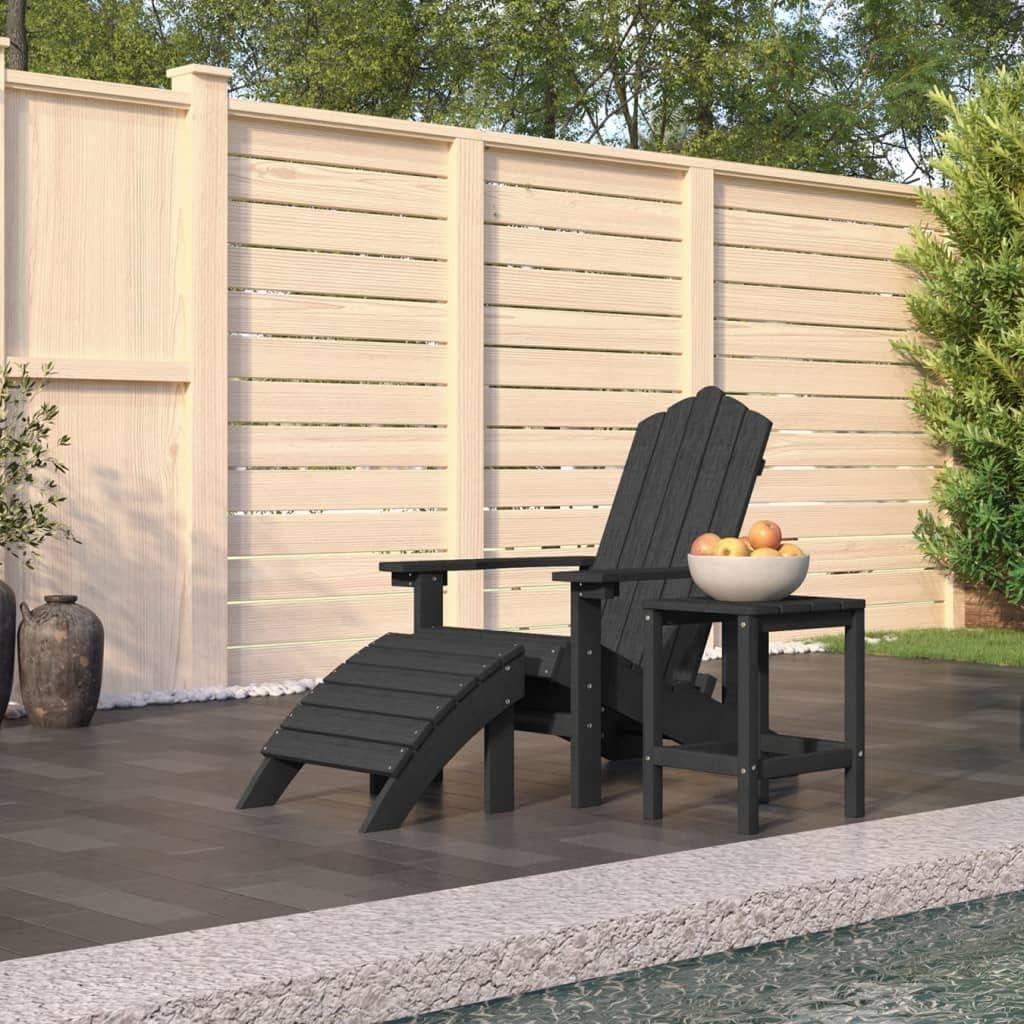 2 Adirondack-Gartenstühle mit Hockern aus HDPE in Anthrazit, Gartenmöbel mit Fußstütze für Terrasse und Garten