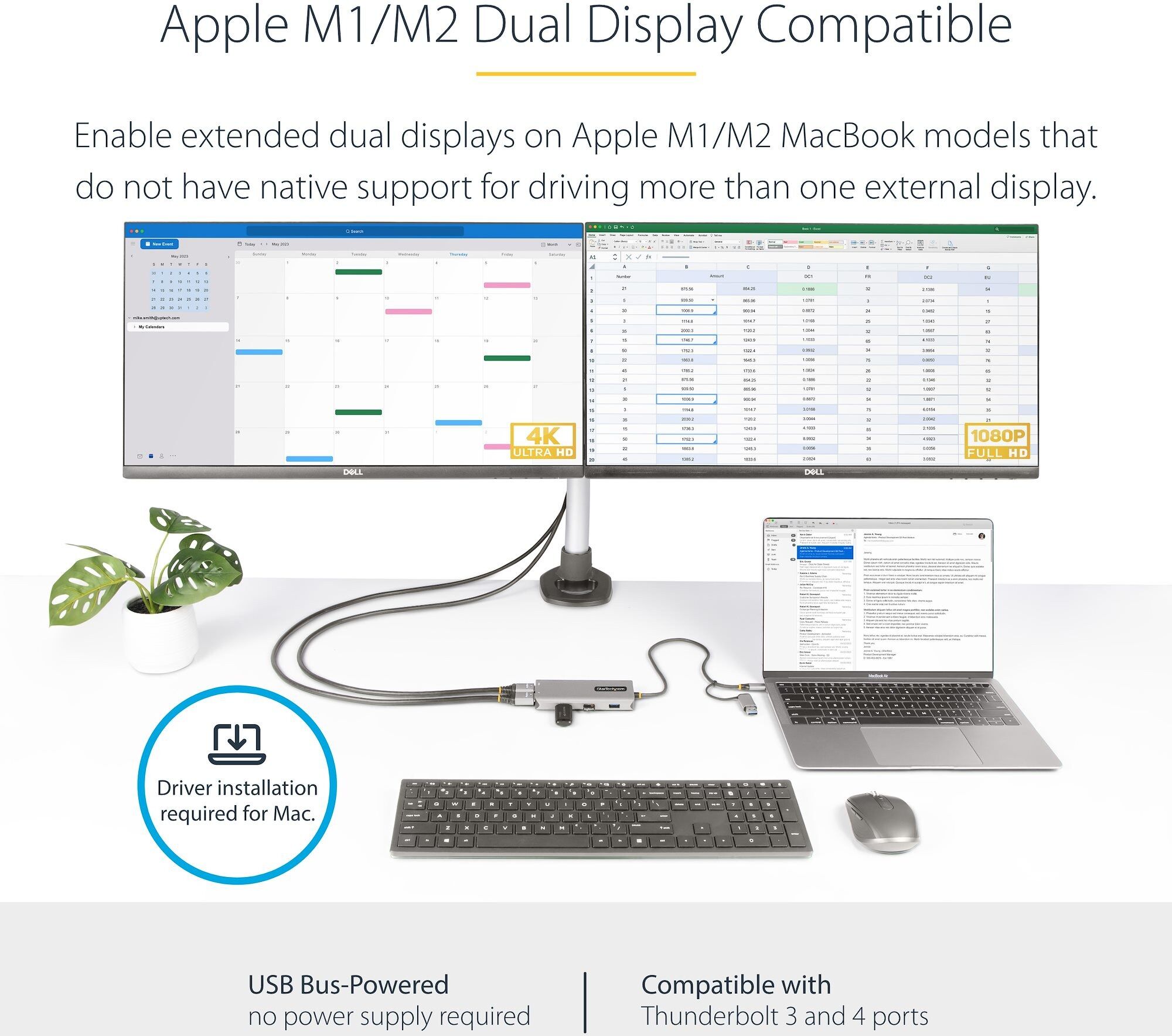 StarTech.com USB-C Multiport Adapter w/Attached USB-C to USB-A Dongle, Dual HDMI (4K30Hz/1080p60Hz), 3x USB-A 5Gbps, Mini Travel Dock, Laptop Docking