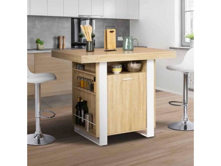 IDMARKET Ilot central PHOENIX 110 cm bois et blanc avec rangements
