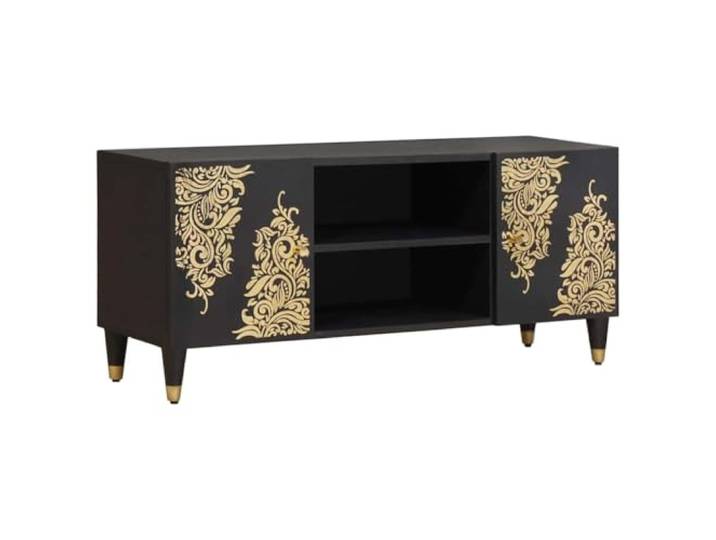 LPERTGFHU TV-Schrank aus Mangoholz mit Messingakzenten 105x33x46 cm Massivholz-Konstruktion, Goldfarbener Siebdruck, Praktischer Stauraum