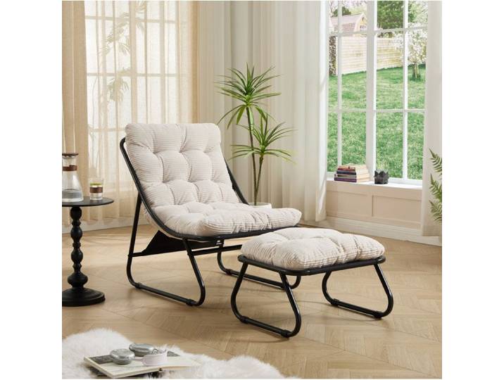 WOVREO fauteuil de jardin avec repose-pieds acier noir et coussin blanc