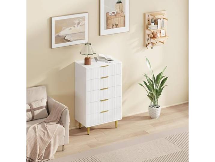 GarveeMore Kommode 5 Schubladen, Fluted Design, 75x46x121,5 cm, Weiß 5 Schubladen Fluted Design Metallbeine Metallgriff Spanplatte/MDF
