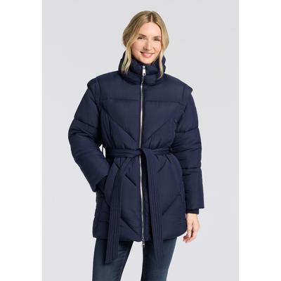 Steppjacke BOSS ORANGE "Piobella Premium Damenmode", Damen, Gr. 44, blau (dunkelblau 408), Web, Obermaterial: 100% Polyamid, unifarben, tailliert hüftbedeckend, elastischer Bund, Jacken Steppjacke, Regular Fit, tailliert, mit Gürtel