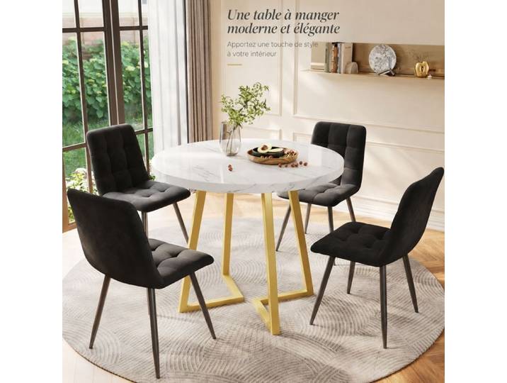 Norevia Ensemble table ronde et 4 chaises en velours plateau MDF effet marbre pieds dorés Ø 80 cm