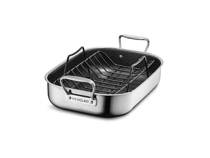 HexClad Hybrid-Bräter mit Rost 25x35 cm – Enten- & Gänsebräter Edelstahl, antihaftbeschichtet, ofenfest bis 480°C, für Induktion & Backofen, mit V-Rost, zum Grillen