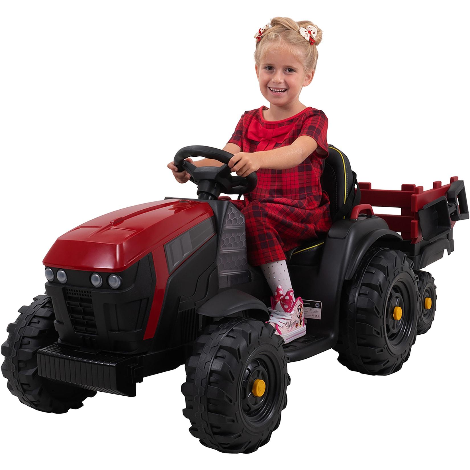 Elektro-Kindertraktor mit Anhänger, Staufach, Schaufel, Fernbedienung, 90 W, Bremsautomatik, TD925 (Rot/Schwarz)
