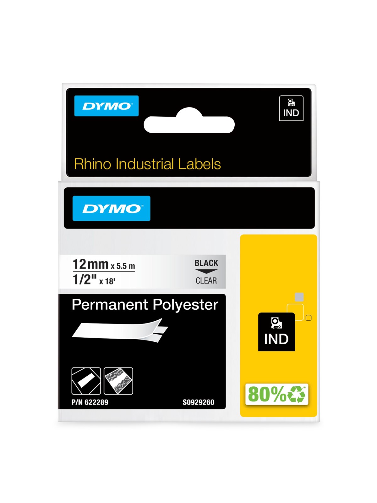 DYMO Rhino Industrie Permanente Polyesteretiketten | 12 mm x 5,5 m | Schwarz auf Transparent