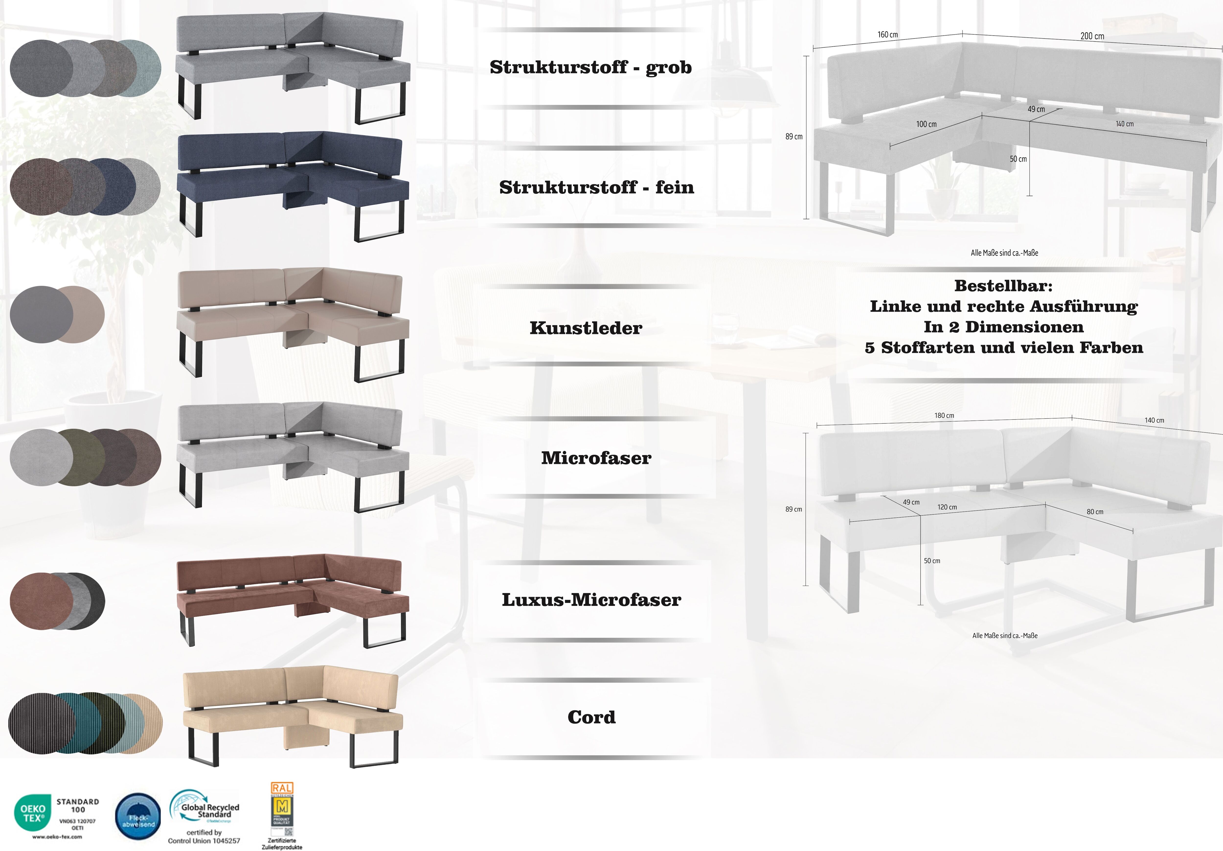 Eckbank GOODPRODUCT "Oliver mit Metallgestell, Küchenbank", grau (dunkelgrau (castello 8629), schwarz), B:220cm H:89cm T:160cm, Holzwerkstoff, Massivholz, Polyester, Sitzbänke, Eckbank, verschiedene Bezüge Cord Esszimmerbank OTTOs Choice dunkelgrau (caste