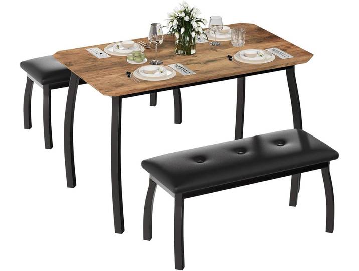 GarveeMore Essgruppe Esstisch-Set fur 4, Esstisch mit 2 Bänke Platzsparend