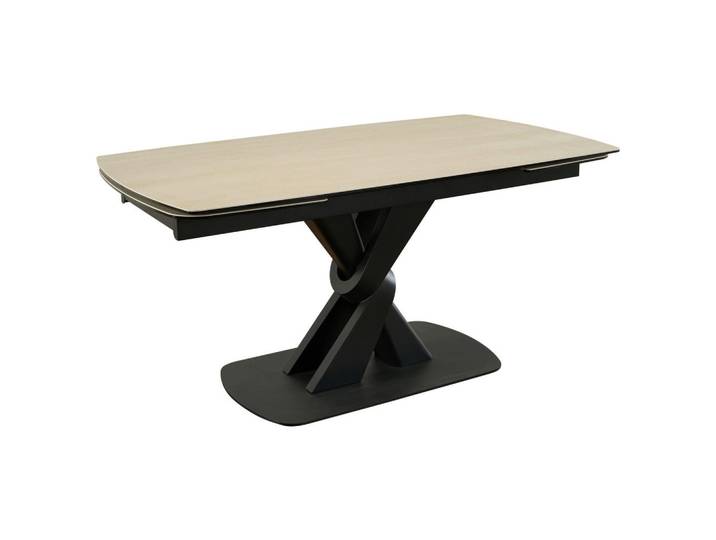 Novel Esstisch, Schwarz, Beige, Metall, Glas, Stein, bootsförmig, X-Form, 90x76x160-240 cm, ausziehbar, Esszimmer, Tische, Esstische, Glastische