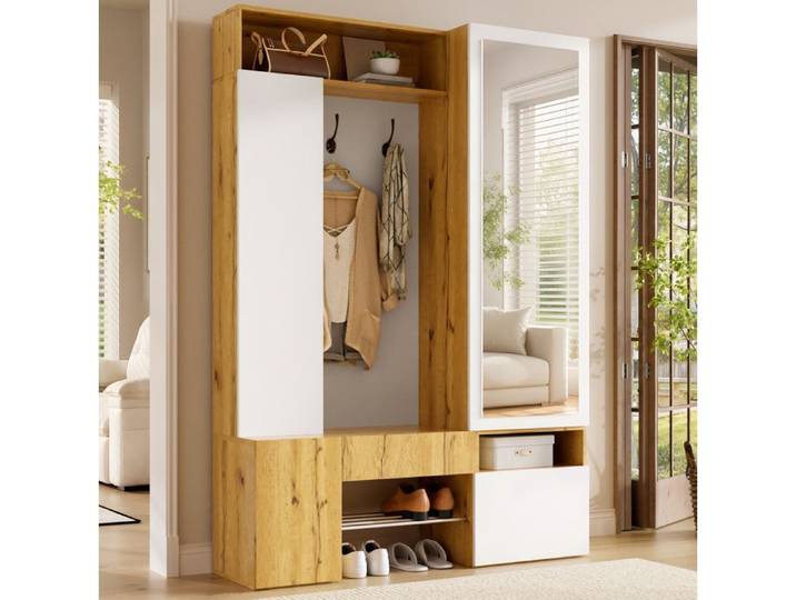 ULEVR Meuble d'entrée multifonction en MDF avec miroir pleine longueur penderie et meuble à chaussures blanc et naturel