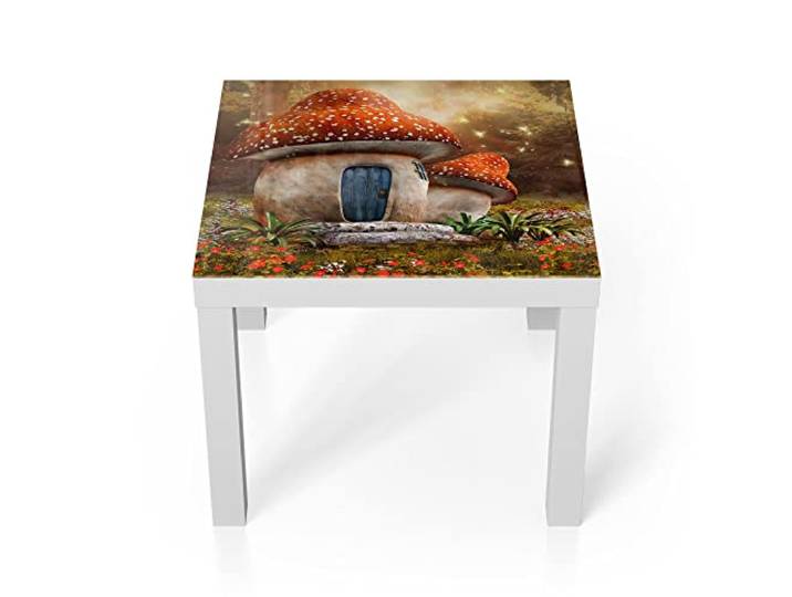 DEQORI Glastisch weiß klein 55x55 cm Motiv Fliegenpilzhäuschen ausgefallener Beistelltisch aus Glas Hochglanz Couchtisch fürs Wohnzimmer moderner Couch Tisch mit Design