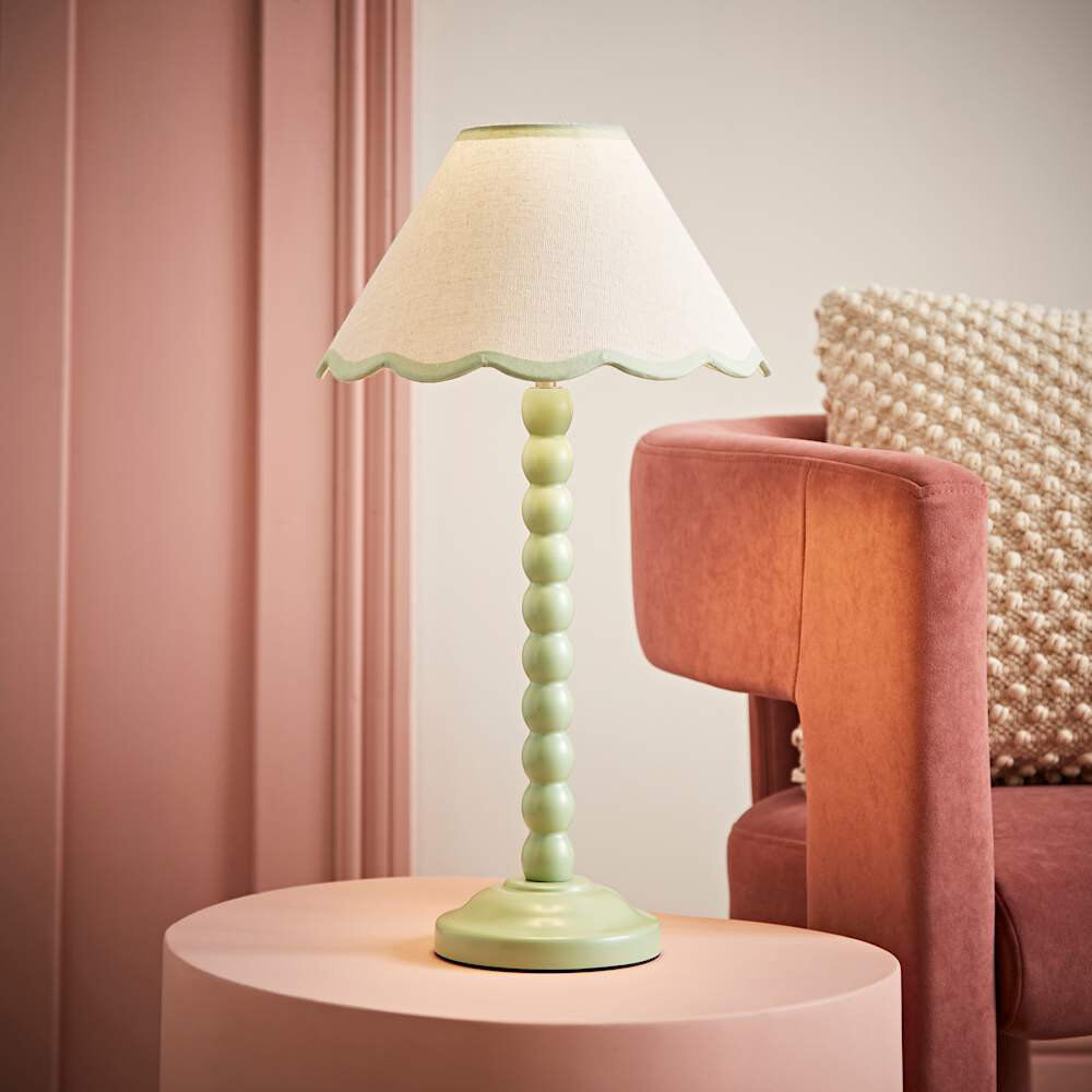 World Menagerie Nephi Bobbins Painted Table Lamp with Tapered Natural Linen Trim Scallop Shade Natural Linen with Green Trim/Green 44cm H X 16.5cm W X 45.5cm D