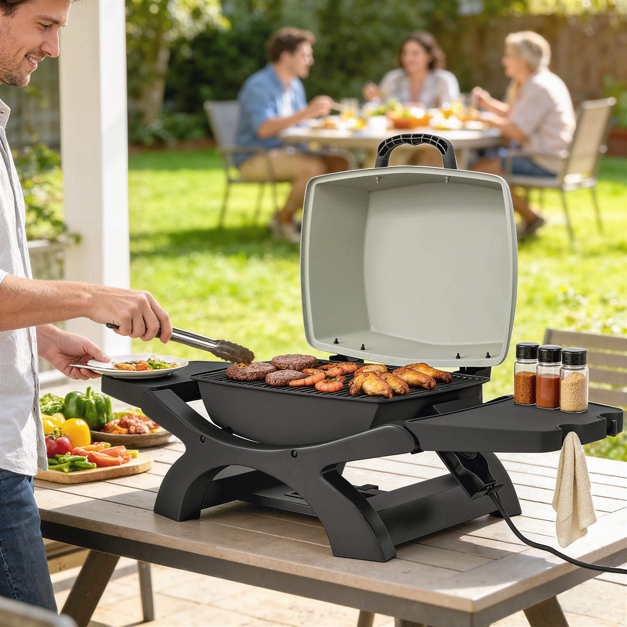 Outsunny barbecue elettrico 2300W, portatile da tavolo con ripiani laterali, colore nero.   Aosom Italy