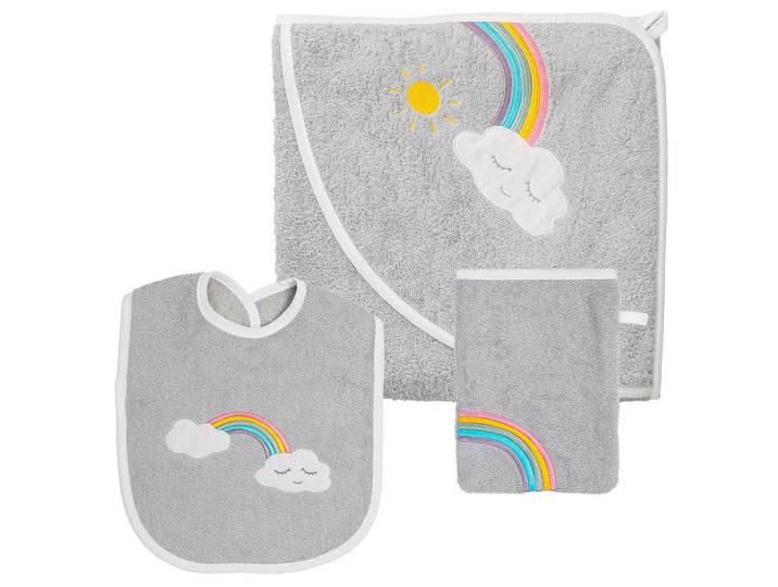 Frottierset Regenbogen, Grau, Regenbogen, Oeko-Tex® Standard 100, Handmade in Europe, saugfähig, Aufhängeschlaufe, durchgefärbt, angenehm weich, hochwertige Qualität, schadstoffgeprüft, Pflegen, Baden, Kapuzenhandtücher