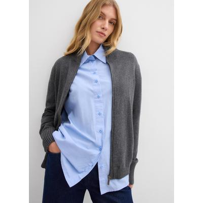 Strickjacke BONPRIX, Damen, Gr. 44/46 (L), grau (anthrazit meliert meliert), Obermaterial: 100% Baumwolle, bequem, Strickjacken Strickjacke, mit Reißverschluss, aus Baumwolle, bequeme Passform, im Casual-Stil