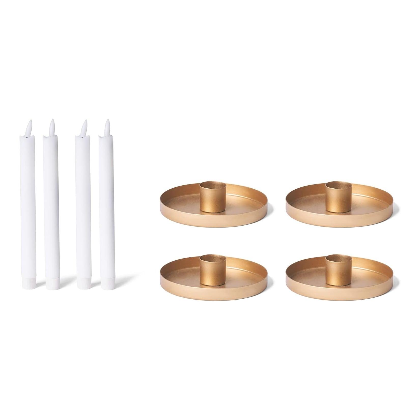 4X Kerzenhalter 6cm Metall Stabkerzen Tafelkerzen Gold mit LED-Kerzen Echtwachs Premium Stabkerzen flammenlos elektrisch Adventskranz Kerzenständer weihnachtliche Tischdekoration