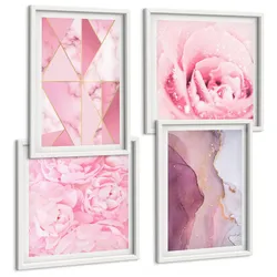 BILDER SET 4er Set - 50x50 cm & 40x60 cm Weißer Rahmen - Rosa geometrische Pfingstrosen