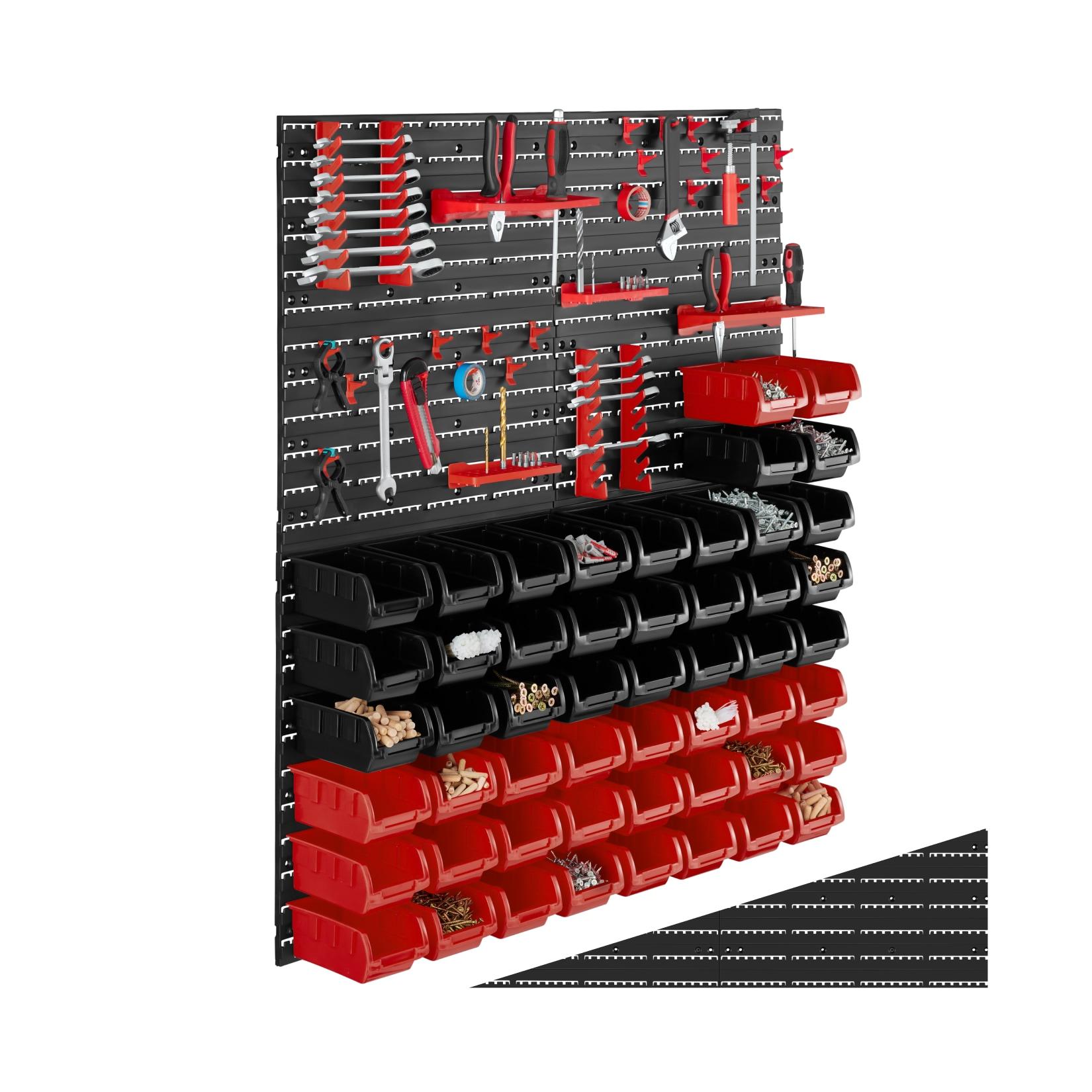tectake® Kleinteilemagazin, 88-teilig, mit 4 Wandplatten, komfortable Eingriffsöffnung, inklusive Halterungen für Werkzeug und Zubehör