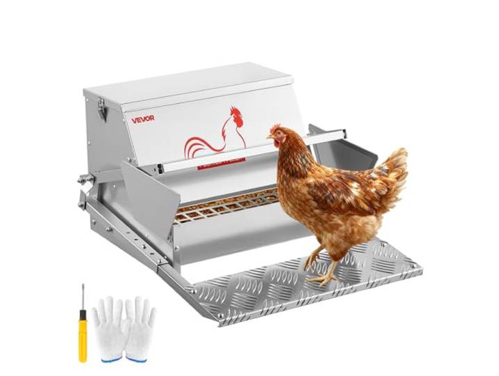 VEVOR Mangeoire Automatique à Pédale pour Poules 11\,34 kg Distributeur de Nourriture à Pédale pour Volailles\, en Acier Galvanisé\, avec Couvercle Verrouillable\, Étanche Anti-Gaspillage Anti-Nuisible