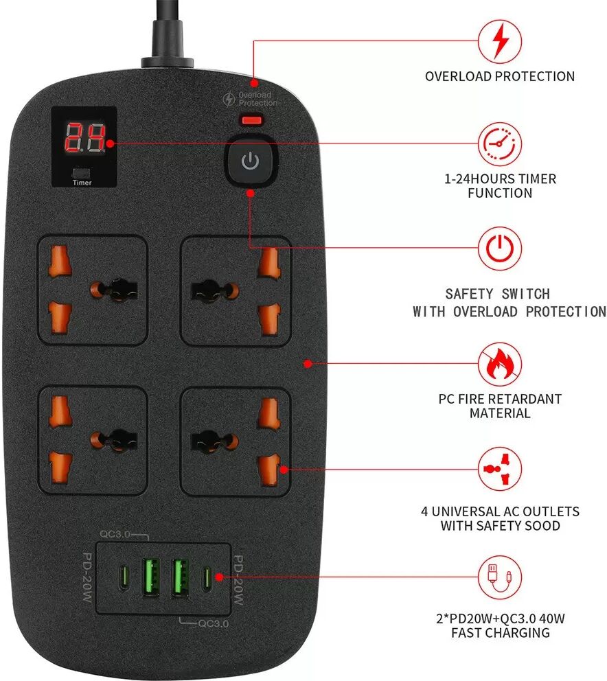 INF Dual PD20W + QC3.0 Schnelllade-USB-Timer-Steckdosenleiste mit Überlastschutz Schwarz
