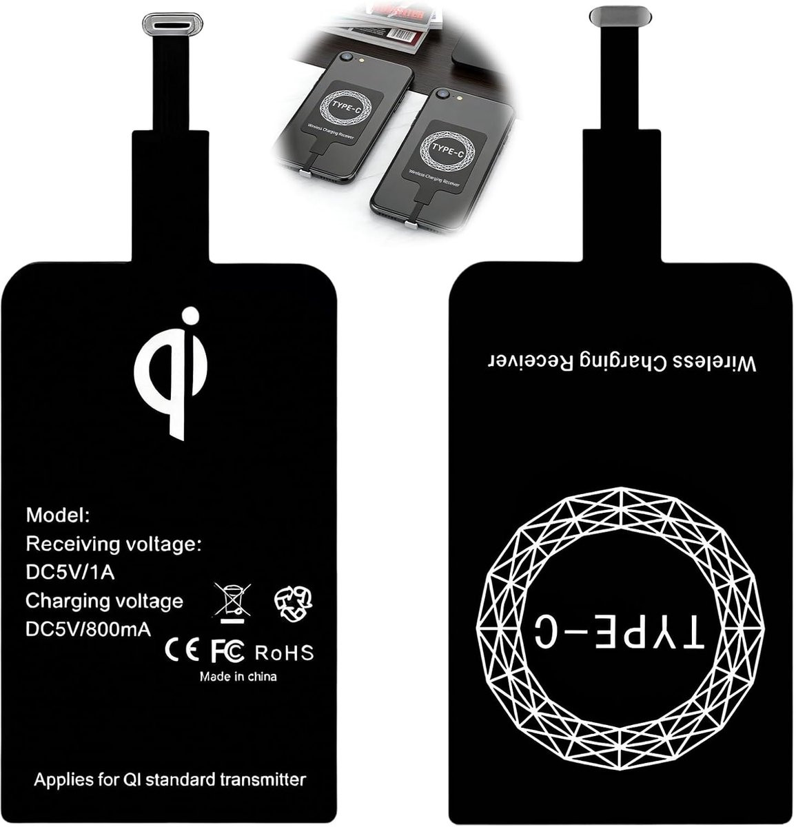 2 stuks Qi Draadloze Oplader Adapter USB-C Type-C Inductie 5V 1A