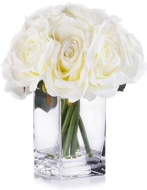 Enova Home Cream Artificial Silk Open Roses Fake Flowers Arrangement in Clear White Vase with Faux Water for Home Wedding Decor