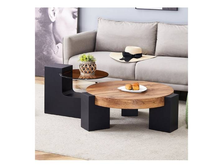 Odikalo Couchtisch Wohnzimmertisch Beistelltisch Kaffeetisch (Moderner, einfacher runder Couchtisch mit zwei Ebenen - Transparente braune Glasplatte und schwarze MDF-Beine in L-Form. Das zerlegbare Design ermöglicht eine flexible Raumnutzung.Beistelltisch)