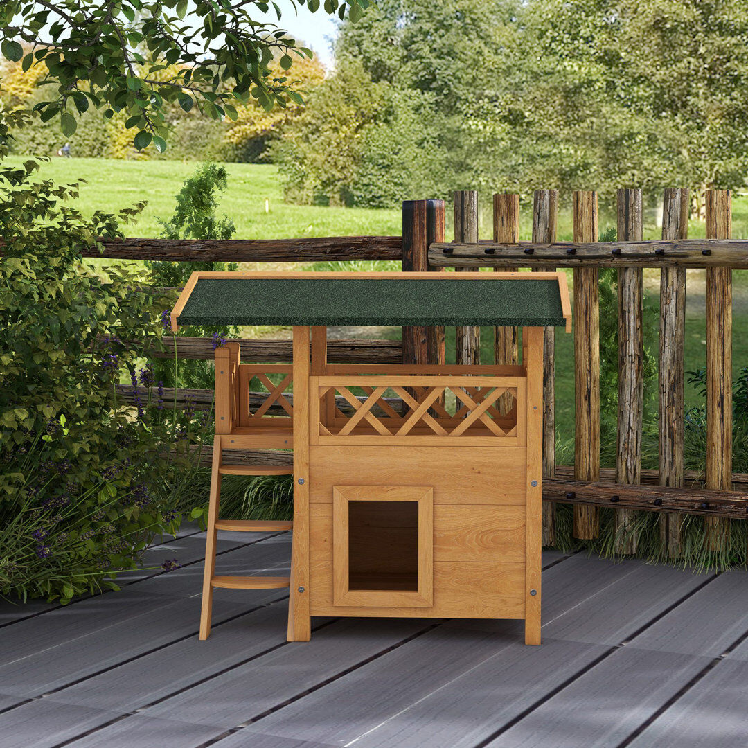 PawHut Outdoor Cat House with Balcony Stairs Roof Beige 73cm H X 77cm W X 50cm D