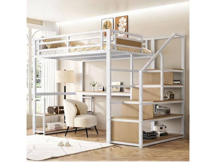 Lit mezzanine métallique 140x200 cm avec bureau rangements et échelle sécurisée blanc