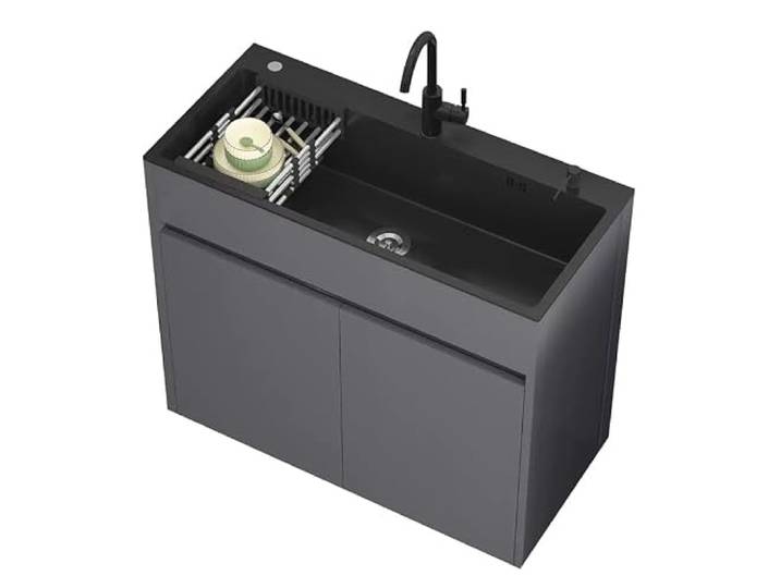Freistehendes Spülbecken mit Unterschrank und Regal, Edelstahl-Nutzspüle mit Wasserhahn, platzsparende langlebige Aluminiumkonstruktion für Waschküche