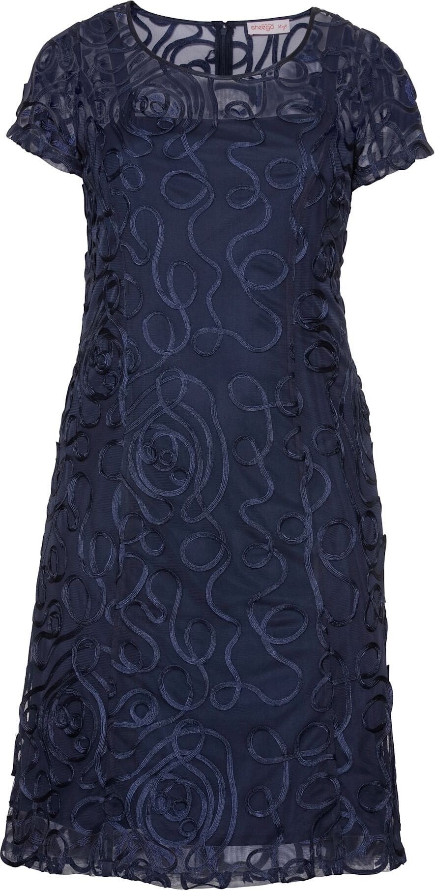 Spitzenkleid SHEEGO "Spitzenkleid", Damen, Gr. 48, Normalgrössen, Kurzarm, Spitze, blau (marine), Spitze, 100% Polyamid, unifarben, knielang, Rundhals, Kleider Spitzenkleid marine 48, Normalgrössen, Kurzarm, Spitze