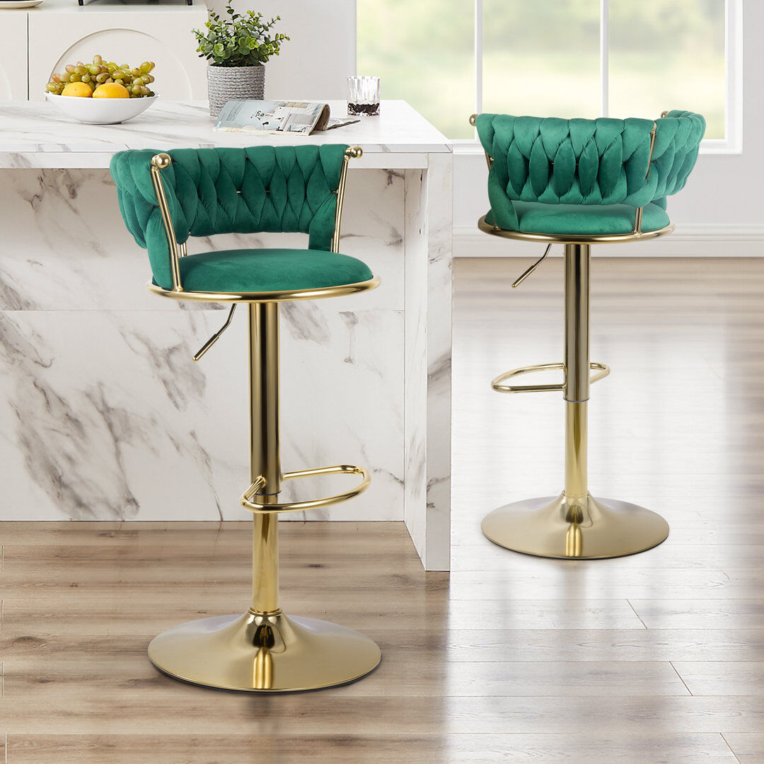 Canora Grey Swivel Upholstered Adjustable Height Bar Stool Green 2