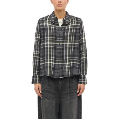 Langarmbluse S.OLIVER, Damen, Gr. 42, asphalt grau check, Web, Obermaterial: 55% Baumwolle, 45% Viskose, kariert, bequem hüftbedeckend, Rundhals, Blusen, mit Karomuster / Langarm / Viskose