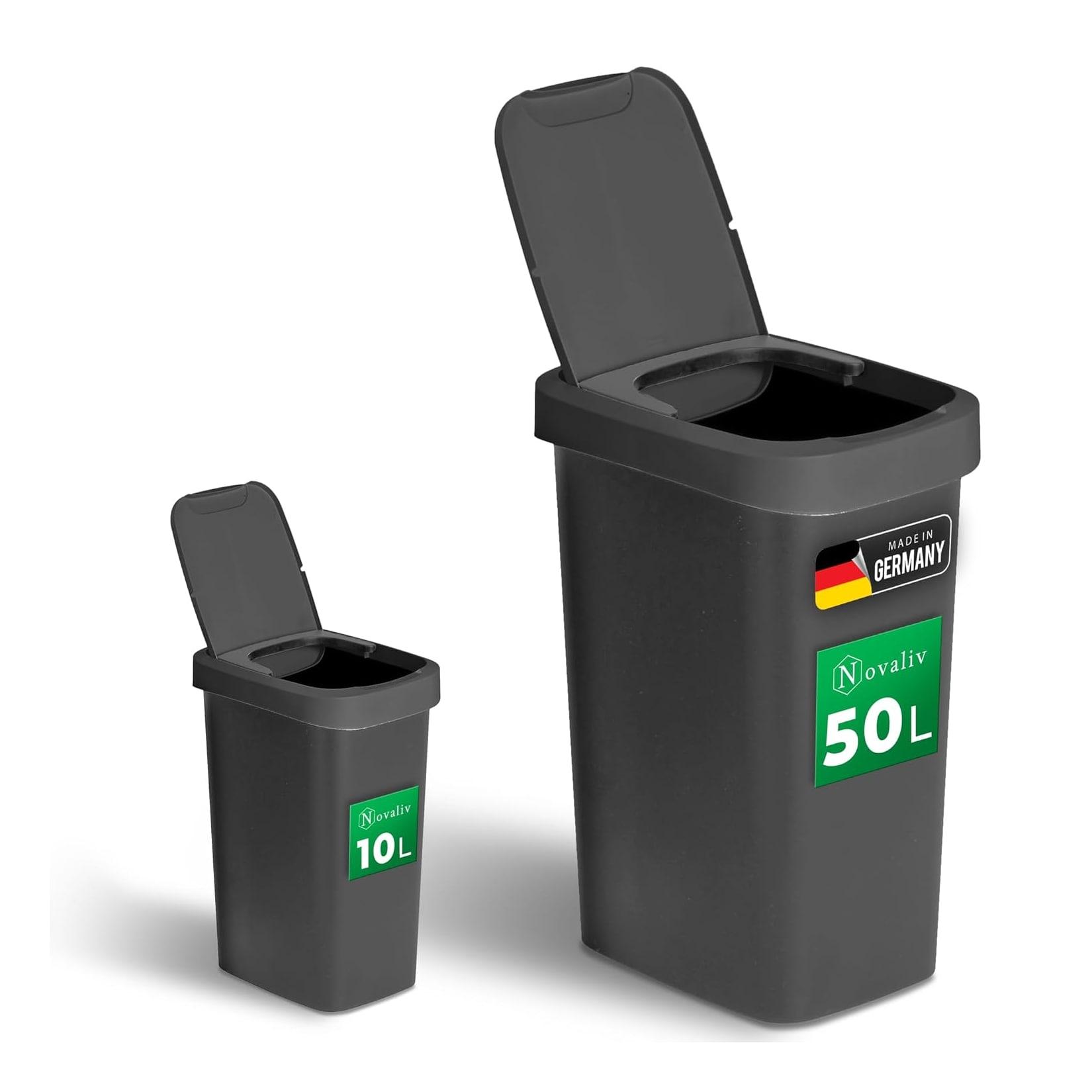 Novaliv Abfalleimer-Set 10L + 50L, Mülleimer mit 2in1 Deckel, Klappdeckel & Schwingdeckel, Anti-Geruch Mülleimer für Küche Haushalt Büro, Müll Eimer Abfall Trash Kunststoff Abfallbehälter
