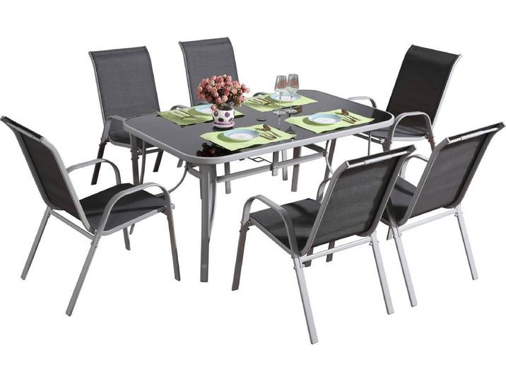 Table et chaises de jardin en textilène Cordoba - Phoenix - 6 places - Gris foncé