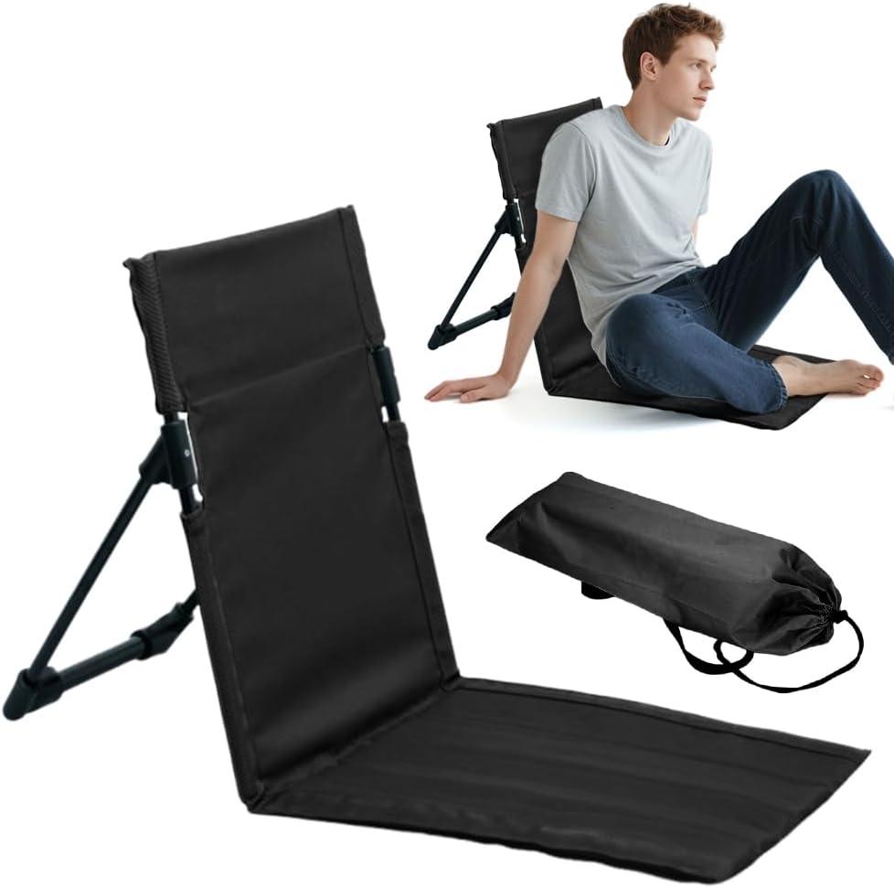 Faltbare Strandmatte mit Rückenlehne, leichter Klapp-Bodenstuhl für Outdoor-Aktivitäten wie Camping, Garten, Konzerte, Picknick und Wandern (Schwarz)