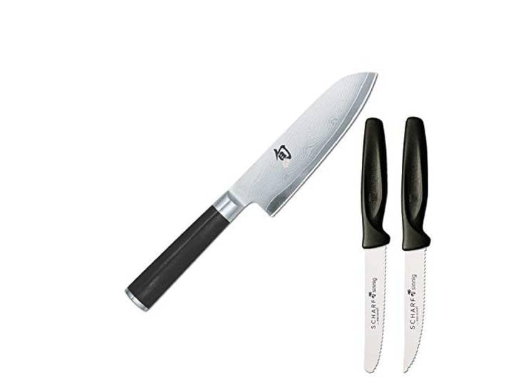 KAI Shun DM-0727 Santoku First-Touch 14 cm & 2x Wüsthof Pizza Messer-Set Hochwertig handgeschmiedetes Damastmesser aus Japan und scharfe Pizzamesser, Premium Qualität, leicht zu reinigen.