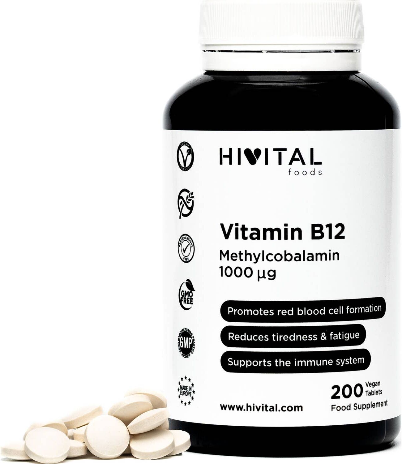 Hivital Foods Vitamina B12 Metilcobalamina 1000 mcg 200 comprimidos (Más de 6 meses)