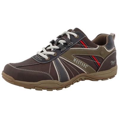 Sneaker MUSTANG SHOES "Ferdinando", Herren, Gr. 43, Textil, braun (mokka kombiniert), Lederimitat, Textil, Schuhe Sneaker, Freizeitschuh, Halbschuh, Schnürschuh mit auffälligen Kontrastnähten
